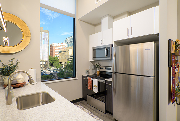 apartment kitchen with stainless steel appliances